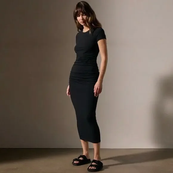 James Perse Black Ruched T-Shirt Midi Dress Women’s Size Large 3 Cotton Stretch - Picture 16 of 16